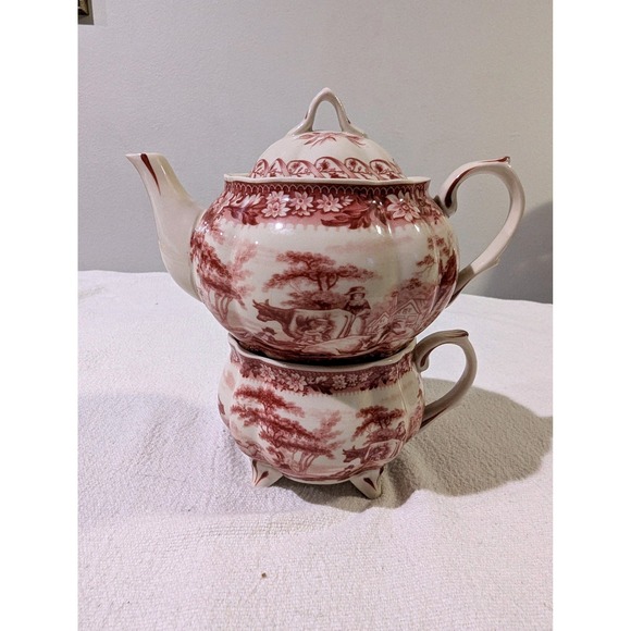 Unbranded Other - Vintage Red Transferware Tea For One Set Heraldic Crest Lions Cottagecore Teapot